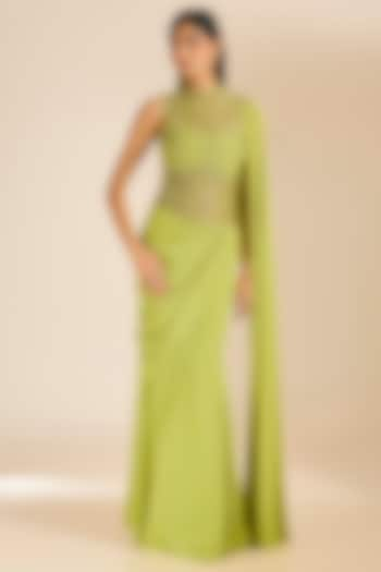 Green Silk Crepe Cutdana Embellished Gown Saree by Vivek Patel at Pernia's Pop Up Shop