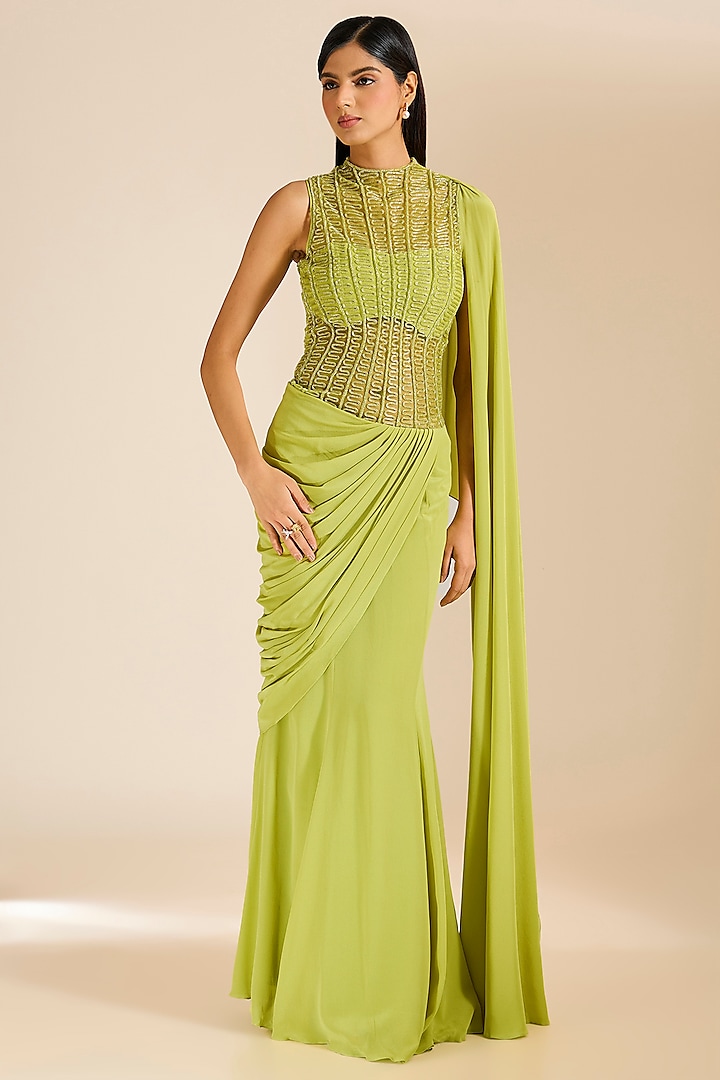 Green Silk Crepe Cutdana Embellished Gown Saree by Vivek Patel at Pernia's Pop Up Shop