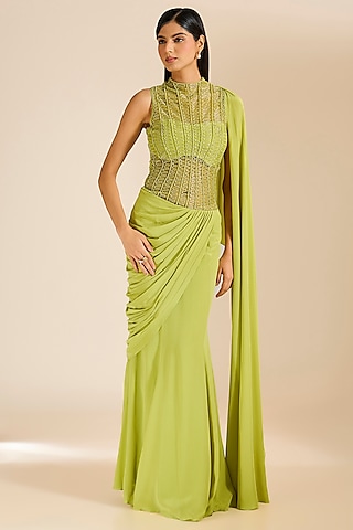 Green Silk Crepe Cutdana Embellished Gown Saree by Vivek Patel
