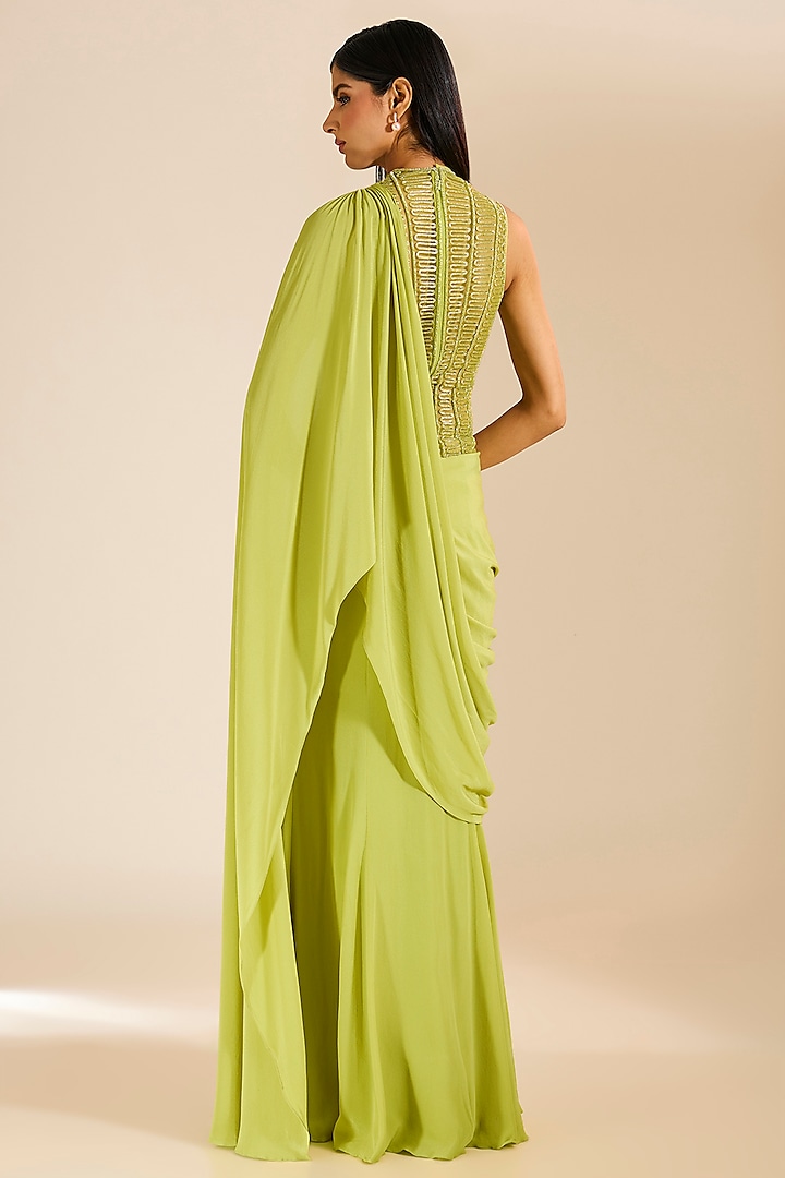 Green Silk Crepe Cutdana Embellished Wedding Gown Saree by Vivek Patel at Pernia's Pop Up Shop