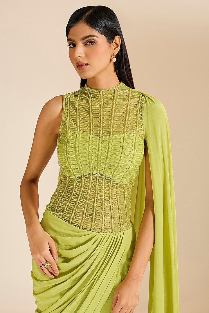 Green Silk Crepe Cutdana Embellished Wedding Gown Saree by Vivek Patel at Pernia's Pop Up Shop