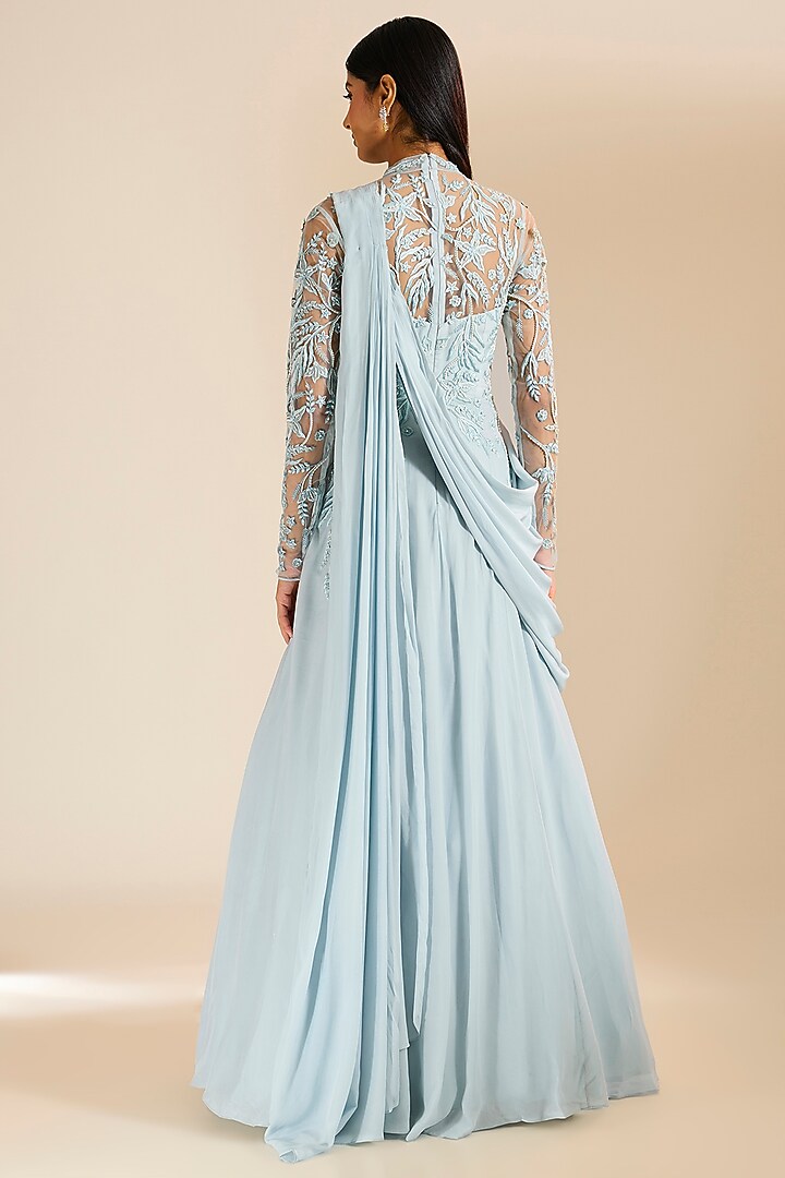 Blue  saree gown with organza  ruffled drape & glass bead embellishment