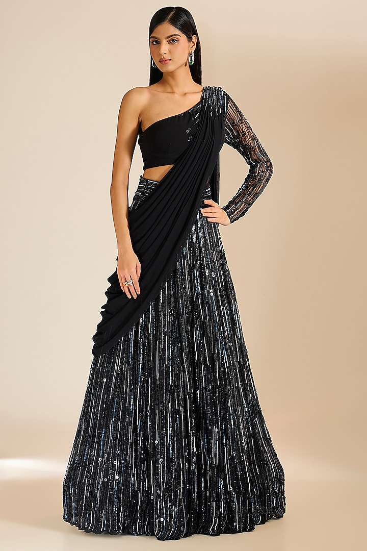 Black Crepe Sequins Embroidered Lehenga Saree Set by Vivek Patel at Pernia's Pop Up Shop