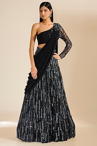 Black Crepe Sequins Embroidered Lehenga Saree Set by Vivek Patel