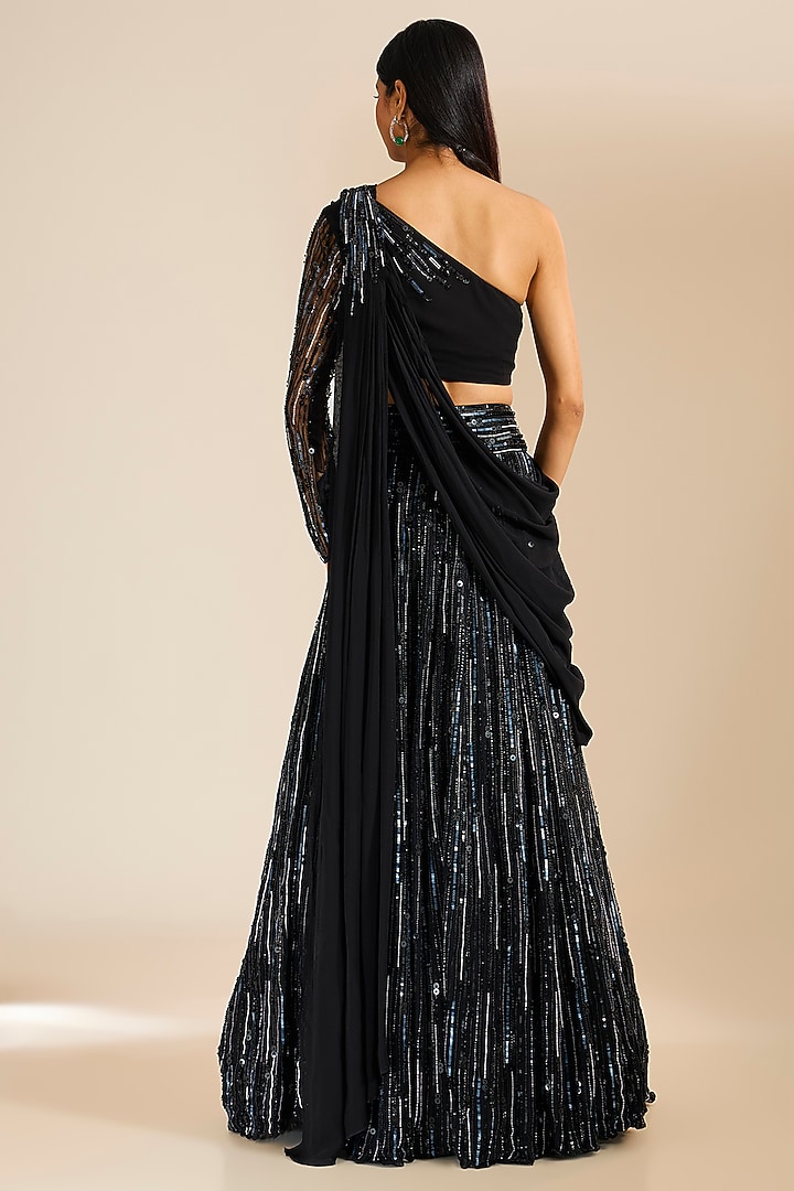Black Crepe Sequins Embroidered Reception Lehenga Saree Set by Vivek Patel at Pernia's Pop Up Shop