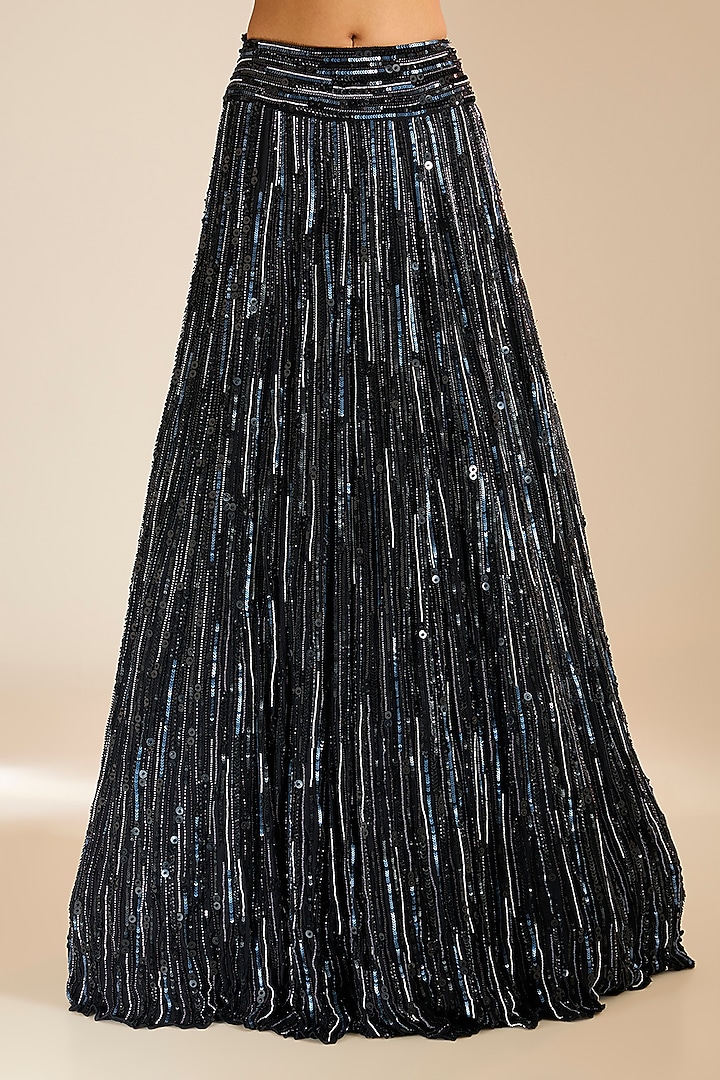Black Crepe Sequins Embroidered Reception Lehenga Saree Set by Vivek Patel at Pernia's Pop Up Shop