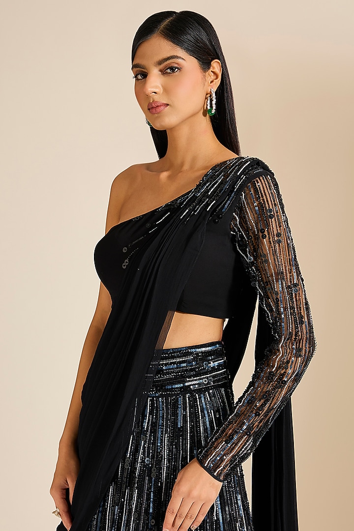 Black Crepe Sequins Embroidered Reception Lehenga Saree Set by Vivek Patel at Pernia's Pop Up Shop