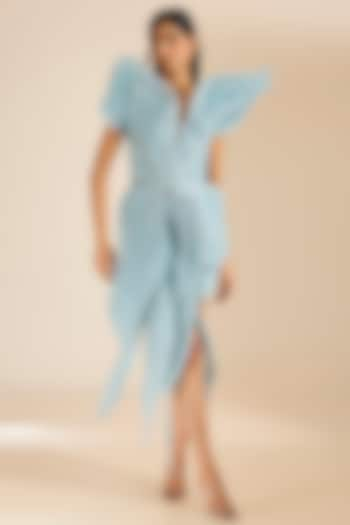 Frost Blue Silk Crepe Embellished 3D Structured Capco Dress by Vivek Patel at Pernia's Pop Up Shop