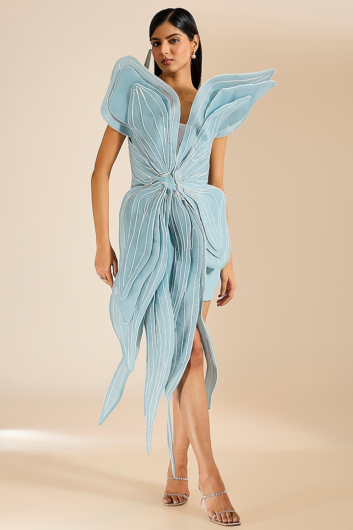 Frost Blue Silk Crepe Embellished 3D Structured Capco Dress by Vivek Patel at Pernia's Pop Up Shop