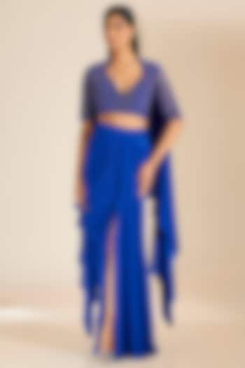 Teal Blue Silk Crepe Cutdana Hand Embroidered Gown Saree Set by Vivek Patel at Pernia's Pop Up Shop