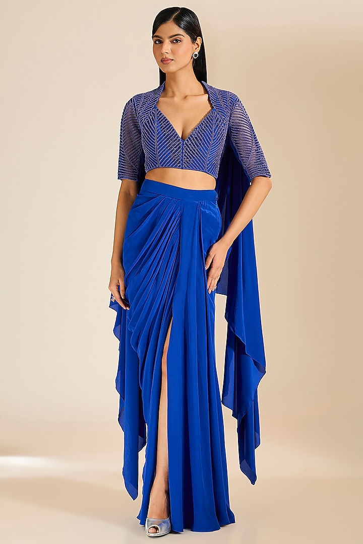 Teal Blue Silk Crepe Cutdana Hand Embroidered Gown Saree Set by Vivek Patel at Pernia's Pop Up Shop