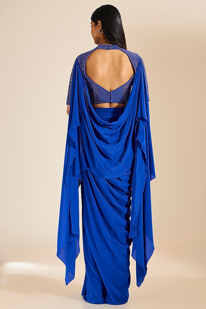 Teal Blue Silk Crepe Cutdana Hand Embroidered Wedding Gown Saree Set by Vivek Patel at Pernia's Pop Up Shop