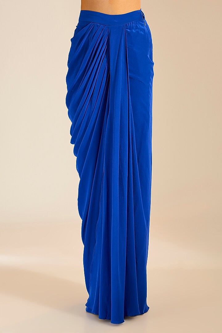 Teal Blue Silk Crepe Cutdana Hand Embroidered Wedding Gown Saree Set by Vivek Patel at Pernia's Pop Up Shop