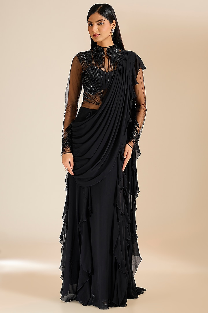 Black Georgette Sequins Hand Embellished Gown Saree by Vivek Patel at Pernia's Pop Up Shop