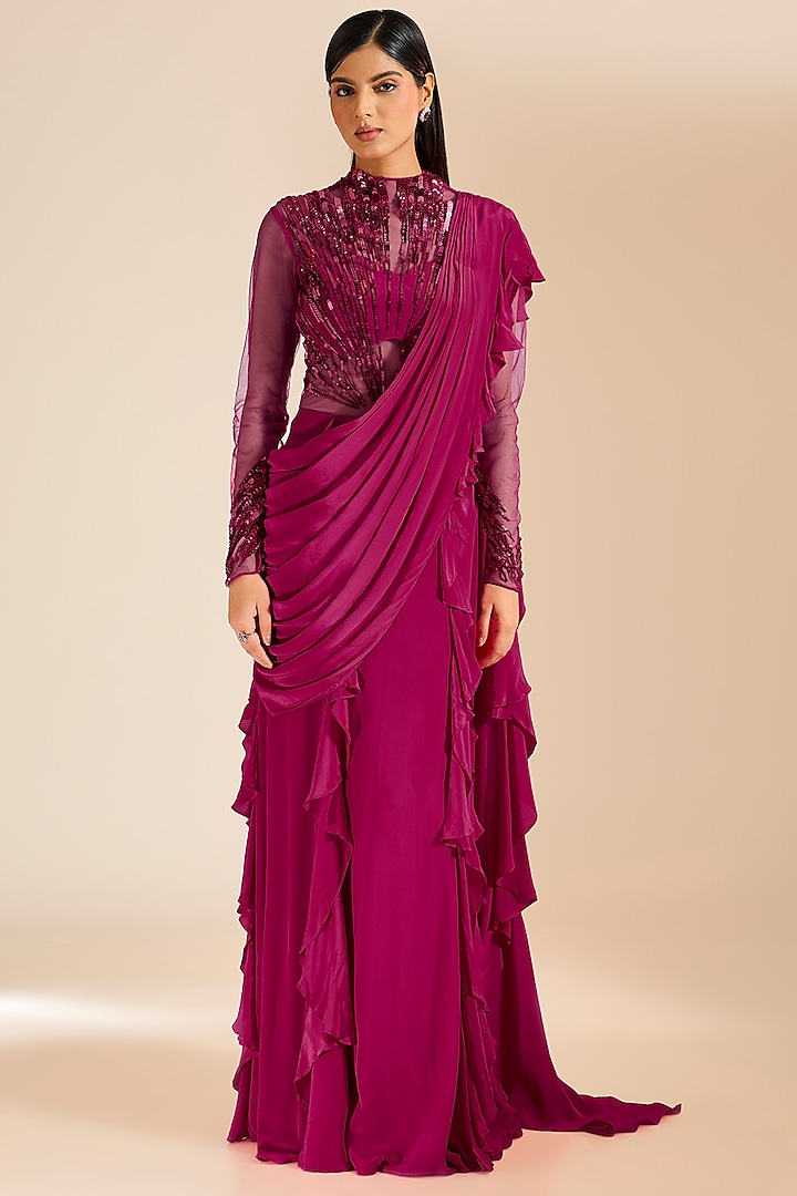 Fuchsia Pink Georgette Sequins Hand Embellished Gown Saree by Vivek Patel at Pernia's Pop Up Shop