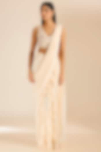 Ivory Georgette Layered Draped Saree Set by Vivek Patel at Pernia's Pop Up Shop