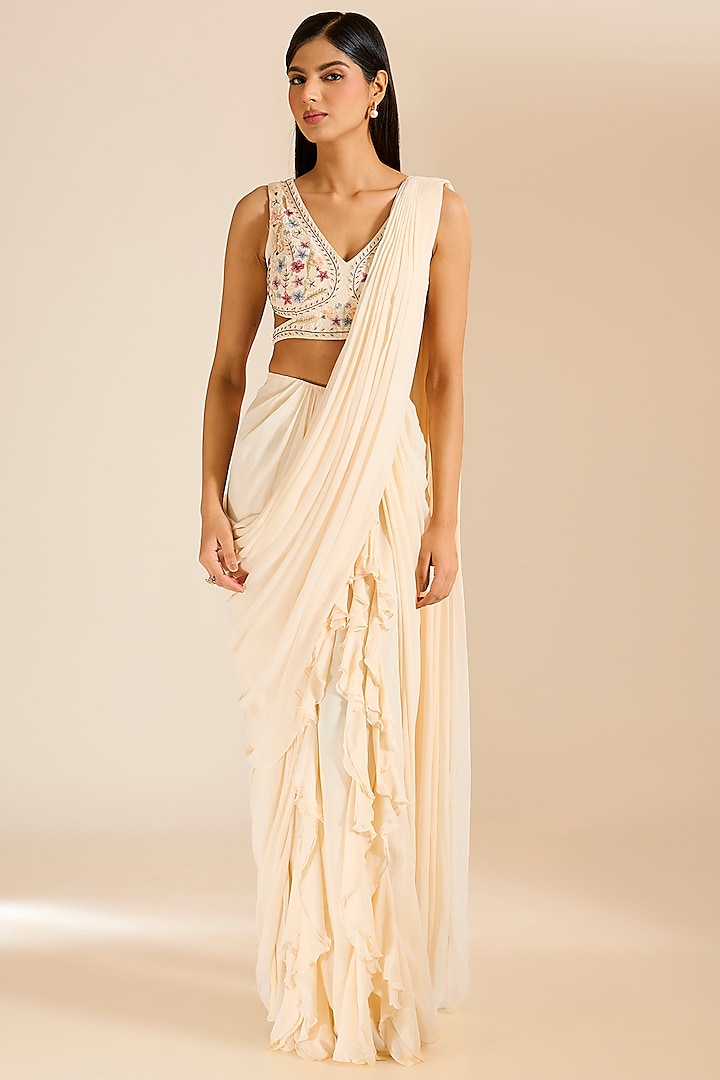 Ivory Georgette Layered Draped Saree Set by Vivek Patel at Pernia's Pop Up Shop