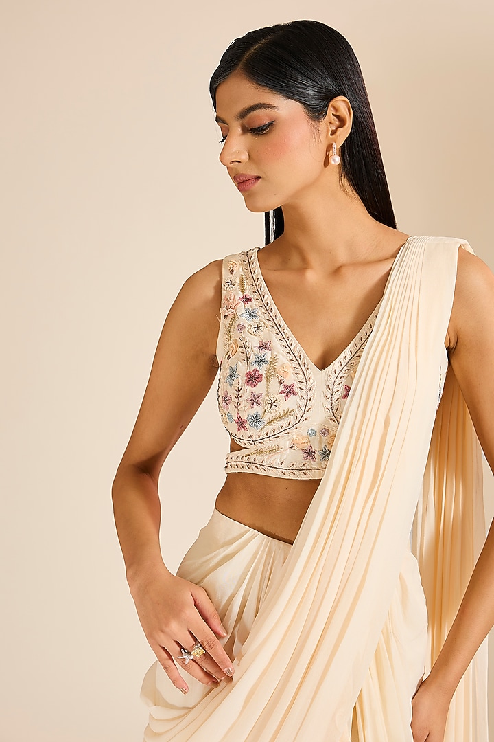 Ivory Georgette Layered Draped Wedding Saree Set by Vivek Patel at Pernia's Pop Up Shop