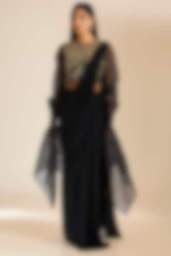 Black Georgette Sequins Embroidered Draped Gown Saree by Vivek Patel at Pernia's Pop Up Shop