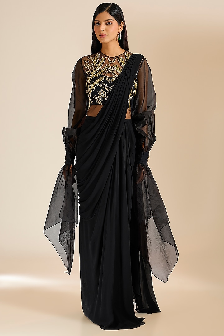 Black Georgette Sequins Embroidered Draped Gown Saree by Vivek Patel at Pernia's Pop Up Shop