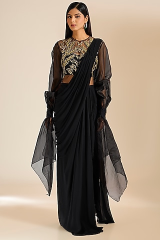 Black Georgette Sequins Embroidered Draped Gown Saree by Vivek Patel