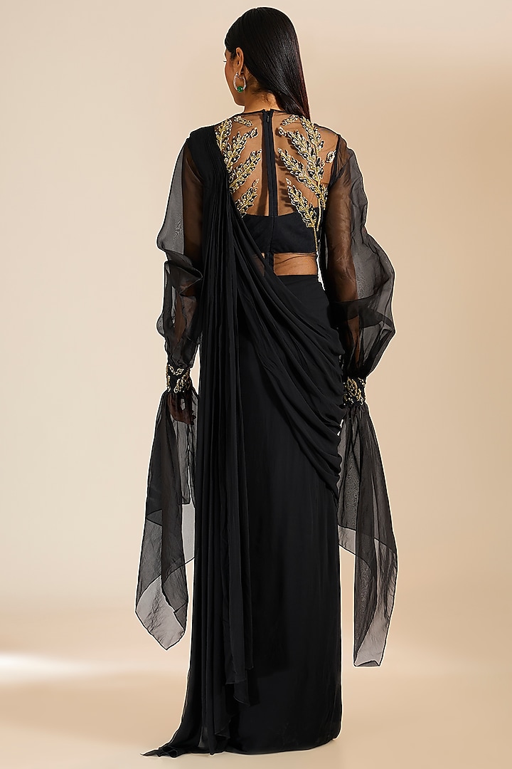 Black Georgette Sequins Embroidered Draped Wedding Gown Saree by Vivek Patel at Pernia's Pop Up Shop