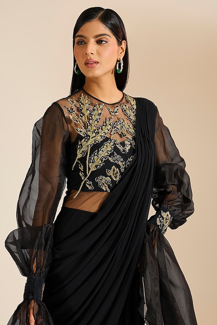 Black Georgette Sequins Embroidered Draped Wedding Gown Saree by Vivek Patel at Pernia's Pop Up Shop