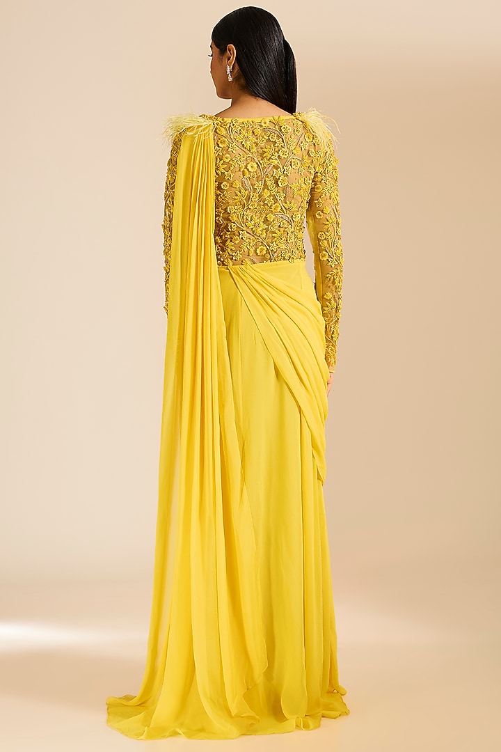Yellow Georgette 3D Resham & Bead Embroidered Draped Wedding Gown Saree by Vivek Patel at Pernia's Pop Up Shop