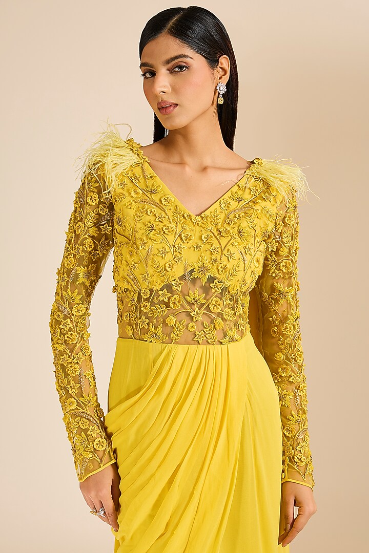 Yellow Georgette 3D Resham & Bead Embroidered Draped Wedding Gown Saree by Vivek Patel at Pernia's Pop Up Shop