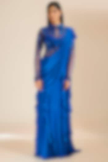 Teal Blue Georgette Sequins Hand Embellished Gown Saree by Vivek Patel at Pernia's Pop Up Shop