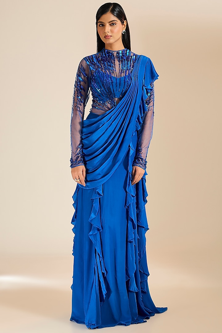 Teal Blue Georgette Sequins Hand Embellished Gown Saree by Vivek Patel at Pernia's Pop Up Shop