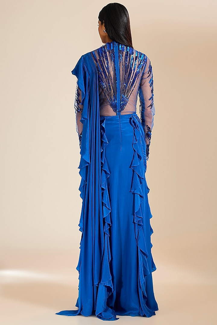 Teal Blue Georgette Sequins Hand Embellished Wedding Gown Saree by Vivek Patel at Pernia's Pop Up Shop