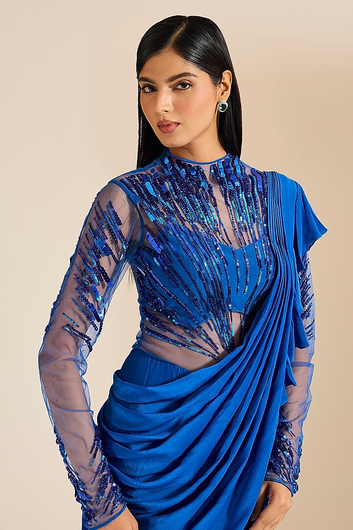 Teal Blue Georgette Sequins Hand Embellished Wedding Gown Saree by Vivek Patel at Pernia's Pop Up Shop