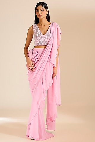 Pink Georgette Pre-Draped Saree Set by Vivek Patel