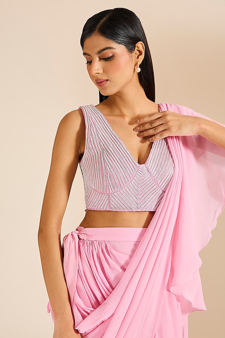 Pink Georgette Pre-Draped Wedding Saree Set by Vivek Patel at Pernia's Pop Up Shop