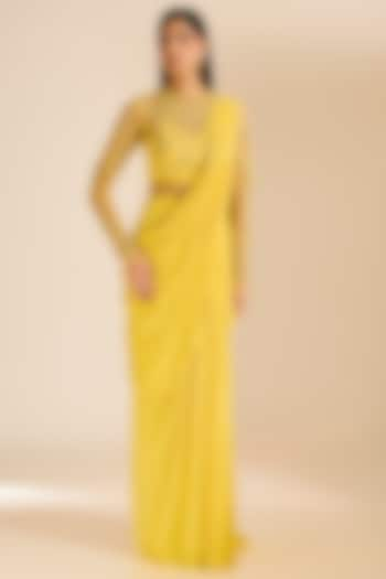 Yellow Georgette Thread & Sequins Embroidered Draped Gown Saree by Vivek Patel at Pernia's Pop Up Shop