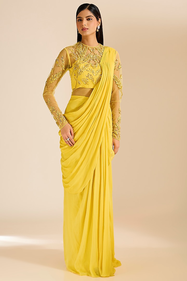 Yellow Georgette Thread & Sequins Embroidered Draped Gown Saree by Vivek Patel at Pernia's Pop Up Shop