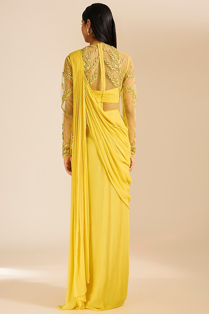 Yellow Georgette Thread & Sequins Embroidered Draped Wedding Gown Saree by Vivek Patel at Pernia's Pop Up Shop