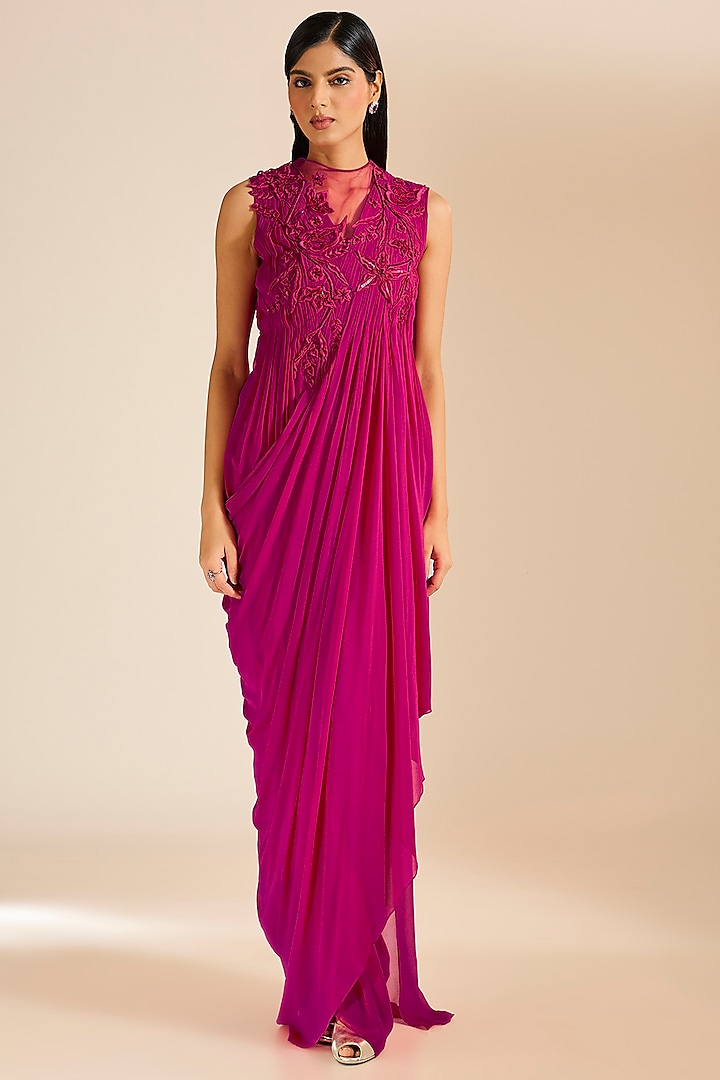 Pink Georgette 3D Embellished Draped Gown by Vivek Patel at Pernia's Pop Up Shop