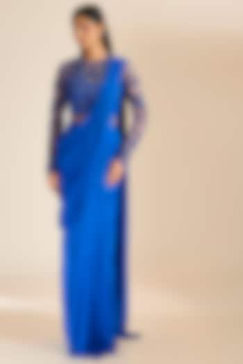 Teal Blue Georgette Bead & Sequins Embellished Draped Gown Saree by Vivek Patel at Pernia's Pop Up Shop