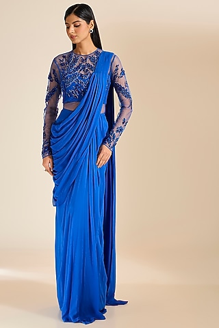 Teal Blue Georgette Bead & Sequins Embellished Draped Gown Saree by Vivek Patel