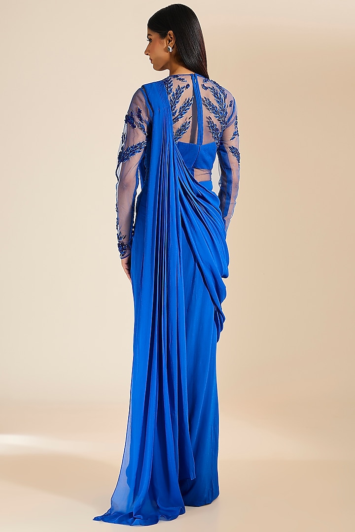 Teal Blue Georgette Bead & Sequins Embellished Draped Wedding Gown Saree by Vivek Patel at Pernia's Pop Up Shop