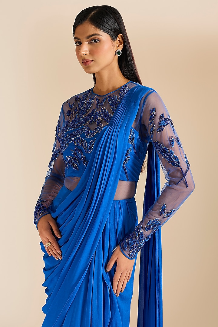 Teal Blue Georgette Bead & Sequins Embellished Draped Wedding Gown Saree by Vivek Patel at Pernia's Pop Up Shop
