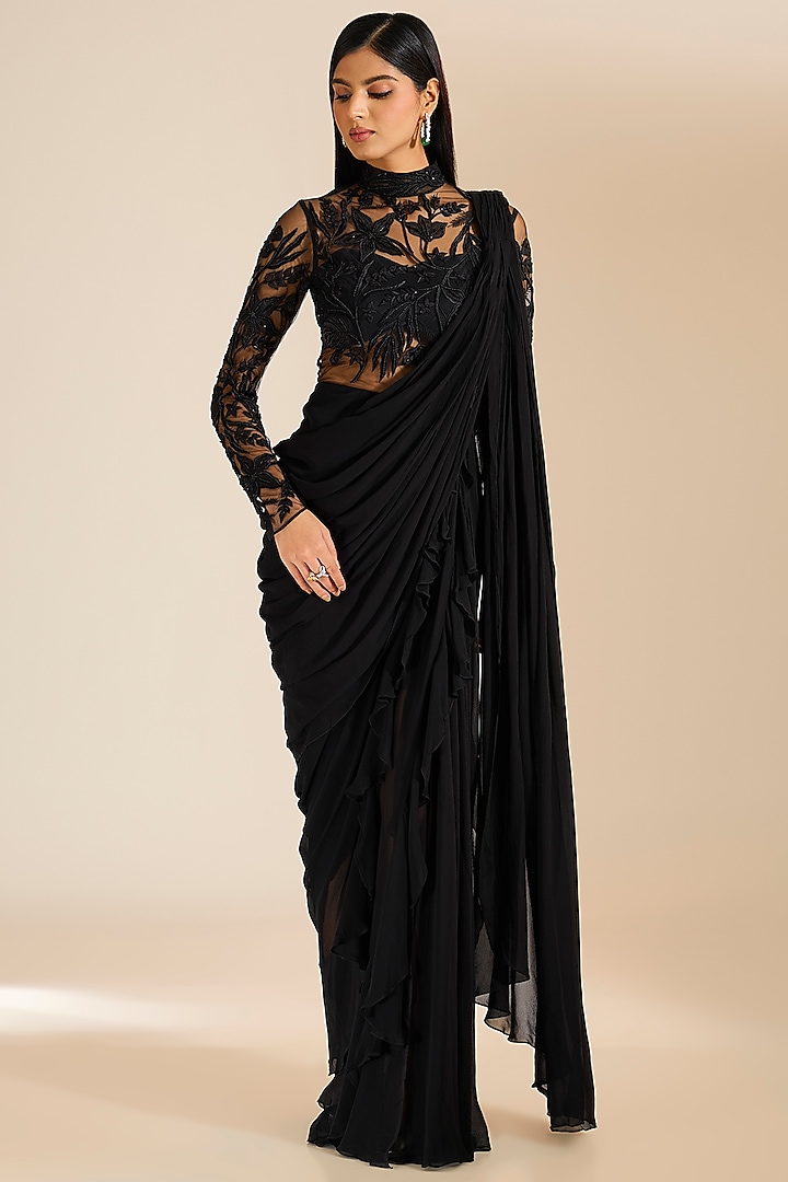 Black Georgette Resham & Sequins Embroidered Ruffled Draped Gown Saree by Vivek Patel at Pernia's Pop Up Shop