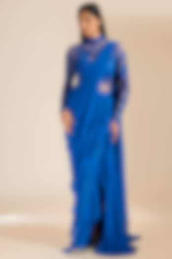 Teal Blue Georgette Resham & Sequins Embroidered Ruffled Draped Gown Saree by Vivek Patel at Pernia's Pop Up Shop