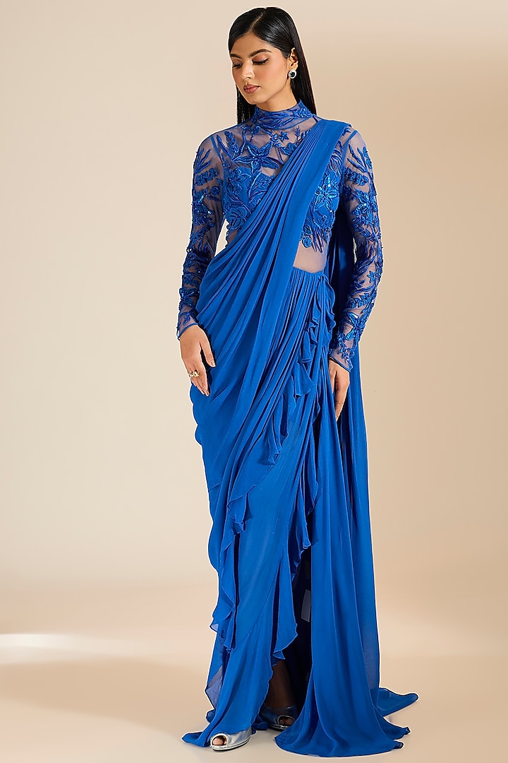 Teal Blue Georgette Resham & Sequins Embroidered Ruffled Draped Gown Saree by Vivek Patel at Pernia's Pop Up Shop