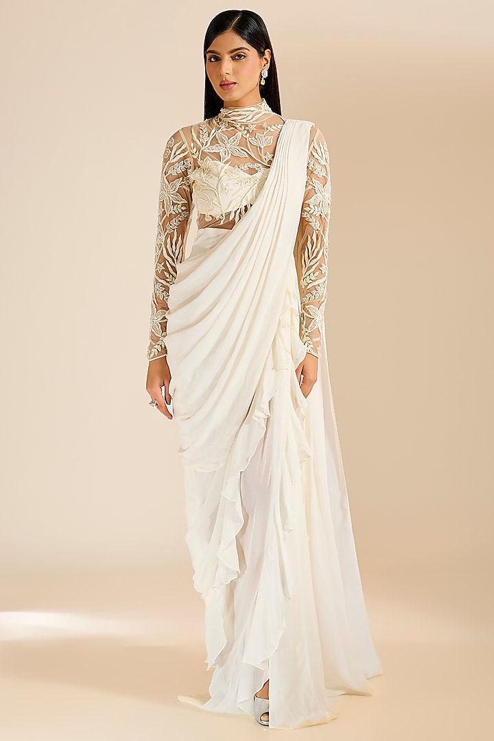 Ivory Georgette Resham & Sequins Embroidered Ruffled Draped Gown Saree by Vivek Patel at Pernia's Pop Up Shop