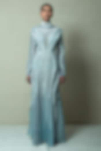 Forest Blue Silk Organza & Crepe Gown by Vivek Patel at Pernia's Pop Up Shop