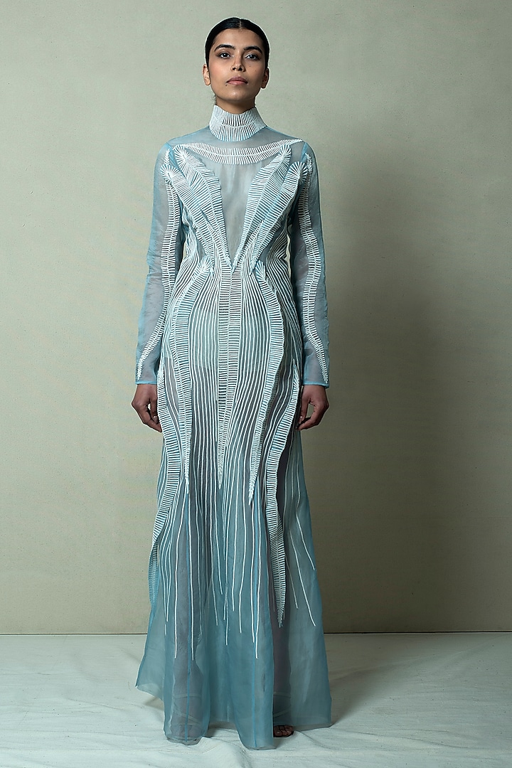 Forest Blue Silk Organza & Crepe Gown by Vivek Patel at Pernia's Pop Up Shop