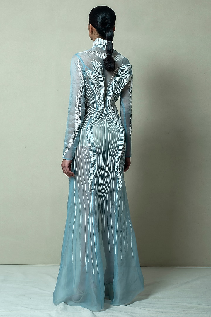Forest Blue Silk Organza & Crepe Engagement Gown by Vivek Patel at Pernia's Pop Up Shop
